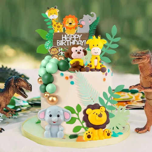 Vista 2 de 36 piezas de decoración de pastel de safari con hojas, decoración de elefante, cumpleaños, decoración para tartas, animales de la selva, decoración