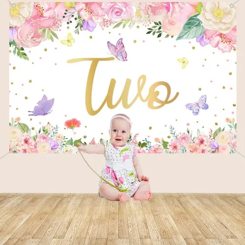 Vista 6 de Cartel de fondo de feliz segundo cumpleaños para decoración de fiesta para niña de 2 años, cartel de tela con texto en inglés "Happy 2", fondo