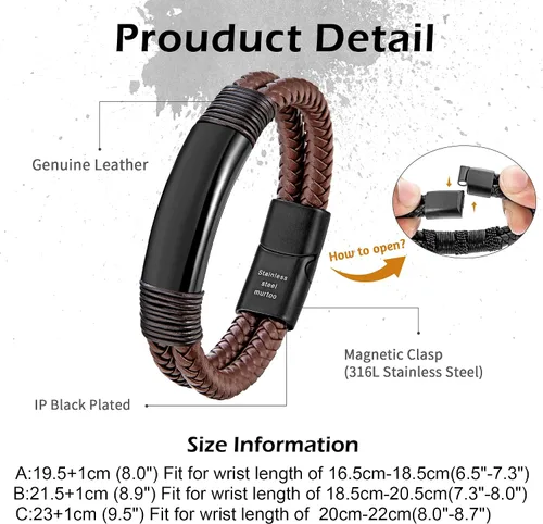 Vista 6 de murtoo Pulsera para hombre de cuero y acero, pulseras trenzadas de doble fila para hombres con cierre magnético de acero inoxidable, regalo elegante