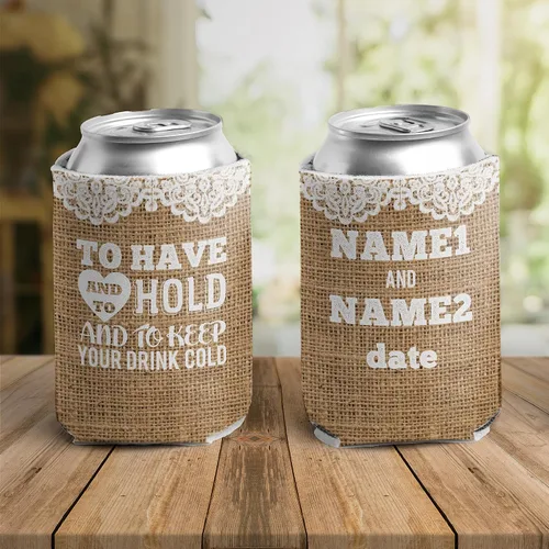 Vista 2 de Enfriadores de latas de boda rústicos personalizados - Diseño de arpillera "To Have and To Hold" - Personalizado con nombres y fecha - Juego de 25