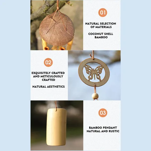 Vista 3 de Campanillas de viento de bambú hechas a mano de 27 pulgadas para exteriores, campanillas de viento de madera, decoración del hogar para exteriores e