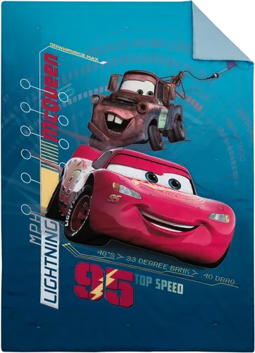Vista 2 de Disney Cars Piston Cup Circuit - Juego de cama infantil de 4 piezas color azul, rojo y amarillo, Lightning McQueen y Mater, edredón, sábana bajera