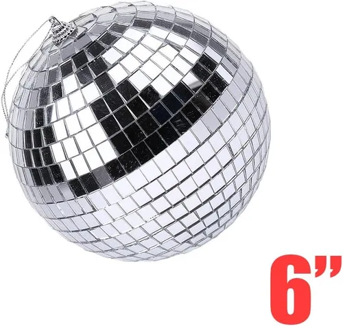 Vista 2 de Boshen Bola de espejo de discoteca de 6 pulgadas con anillo para colgar, luz de bola de discoteca plateada para fiesta, Navidad, DJ, escenario
