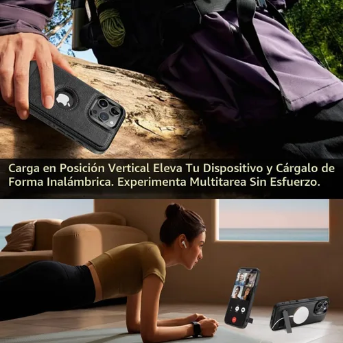 Vista 4 de Funda de piel para iPhone 16 Pro Max, mejorada [fuerte magnética], [compatible con MagSafe] [soporte invisible integrado] Funda protectora delgada