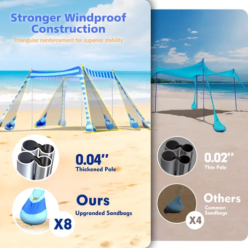 Vista 3 de 2PM SPORTS - Tienda de campaña de playa de 10 x 10 pies, protección UV UPF 50+, 8 sacos de arena, fácil instalación, toldo portátil para playa, Azul