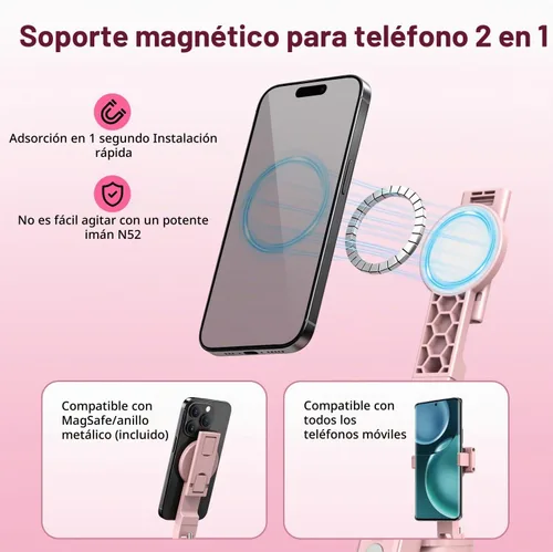 Vista 5 de Kit de vlogging rosa para iPhone/Android, trípode magnético de seguimiento facial automático de 71 pulgadas para iPhone, palo selfie 6 en 1