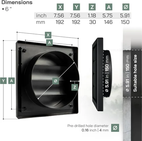 Vista 2 de Vent Systems Cubierta de ventilación de escape negra de 6 pulgadas - Capucha de ventilación de secadora - Cubierta de ventilación de conducto