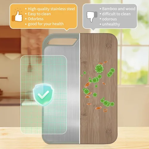 Vista 6 de Tabla de cortar para cocina, tabla de cortar de acero inoxidable fácil de limpiar, tablas de cortar grandes de doble cara de 15.7 x 10.6 pulgadas