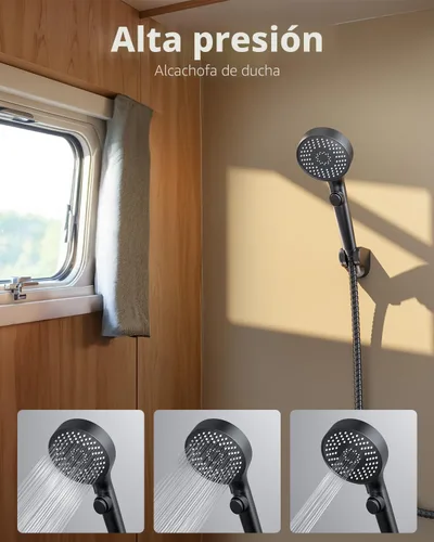 Vista 2 de Cabezal de ducha para autocaravana con manguera de acero inoxidable, cabezal de ducha de alta presión de 5 modos con interruptor de encendido