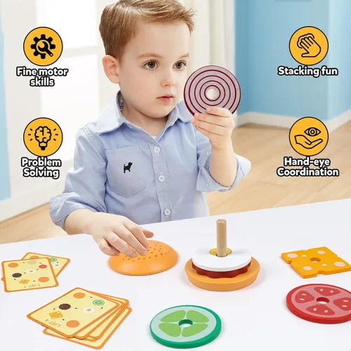 Vista 5 de Kizh Juguete apilable de madera para clasificar hamburguesas para niños pequeños, juguetes educativos Montessori de motricidad fina para niños