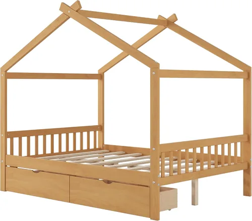 Vista 6 de Merax Cama de plataforma de tamaño matrimonial con dos cajones, marco de cama de madera con diseño de techo con cabecera y estribo, no necesita