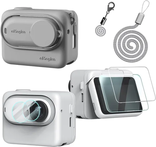 Vista 8 de Funda protectora de silicona para Insta360 GO 3 GO3, funda de goma suave, protección de pantalla de cristal para lente LCD (negro)