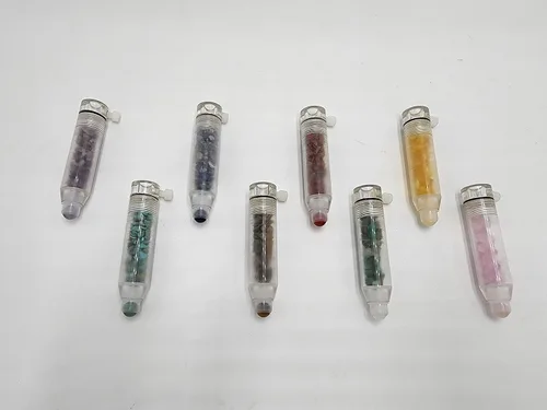 Vista 3 de Chakra - Juego de 8 diapasones ponderados con gema acrílica fusionada, varita extraíble para masaje de aceite, acupresión, terapia alternativa