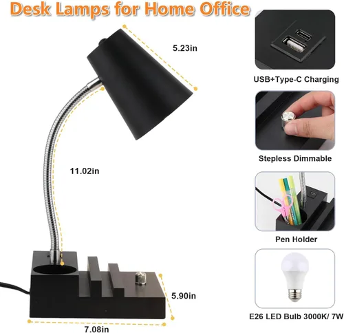 Vista 7 de LALISU Lámpara de escritorio de estudio con carga USB y luz nocturna tipo C, lámpara de mesa LED de cuello de cisne, lámpara de mesa de estudio