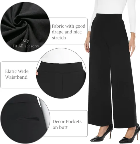Vista 2 de MISS MOLY Pantalones palazzo de cintura alta y pierna ancha para mujer, pantalones elásticos casuales de negocios