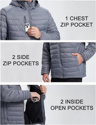 Vista 4 de fit space Chaqueta alternativa de plumón para hombre, acolchada, ligera, plegable, con capucha desmontable