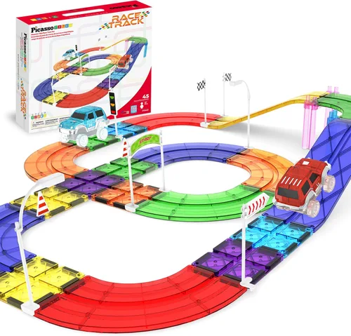 Vista 13 de PicassoTiles Juego de 121 azulejos magnéticos de pista de carreras de mármol 3 en 1, juego de construcción de carreras de automóviles, aprendizaje