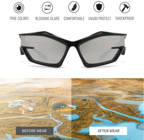 Vista 4 de Cool Futuristic Y2K - Gafas de sol para hombres y mujeres, deportes envolventes alrededor del escudo de ojo de gato, lentes de sol espaciales