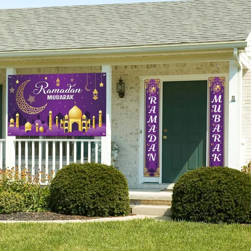 Vista 4 de Decoraciones de Ramadán, decoración de pancartas de Ramadán Mubarak, decoración de castillo musulmán de luna Eid para el hogar, decoración