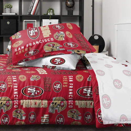 Vista 4 de FOCO Juego de ropa de cama unisex para adultos con logotipo del equipo de la NFL, sábanas y fundas de almohada, juego de ropa de cama de 5 piezas