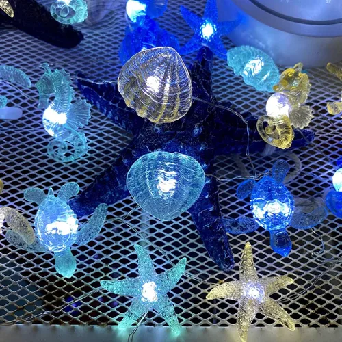 Vista 8 de Guirnalda de luces con temática del océano, luz nocturna de vida marina, decoración de playa, tortuga de mar, caballito de mar, almeja, luces