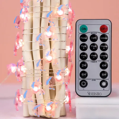Vista 2 de Luces LED de unicornio para dormitorio, control remoto, 30 LED, USB y funciona con pilas, tira de luces rosas de dibujos animados, decoración