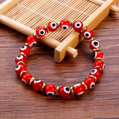 Vista 4 de Pulseras de mal de ojo para mujer con cuentas hechas a mano, pulsera elástica dorada para niñas