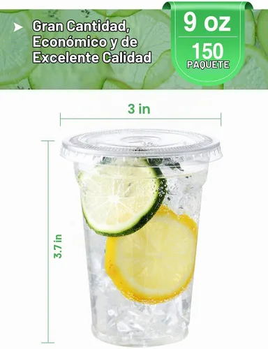 Vista 2 de NEEBAKE 150 Juegos de Vasos de Plástico Desechables de 9 oz con Tapas - Vasos Transparentes para Beber, Vasos de Plástico para Café Helado, Batidos