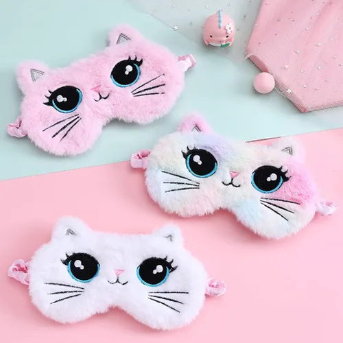 Vista 3 de LUOZZY Linda máscara para dormir de animales de felpa suave, bonita máscara para dormir con ojos de gato de dibujos animados para mujeres y niñas