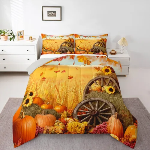Vista 49 de Erosebridal Juego de edredón individual de pavo de Acción de Gracias, juego de ropa de cama de calabaza con hojas de otoño para niños y adultos