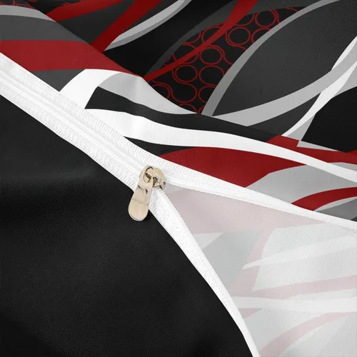 Vista 6 de Manfei Juego de funda de edredón rojo y gris, tamaño individual, funda de edredón de círculo de rayas onduladas abstractas con 1 funda de almohada