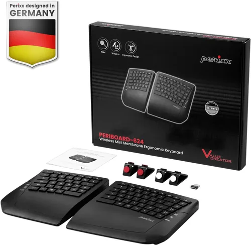 Vista 7 de Perixx PERIBOARD-624B US, teclado inalámbrico ergonómico dividido, separación de hasta 30 pies, ángulo de inclinación ajustable, teclas de membrana