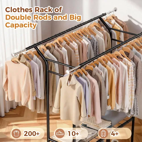 Vista 3 de Luxspire Perchero resistente con carga de 650 libras, percheros de ropa de doble barra para colgar ropa, estantes de ropa rodantes con ruedas