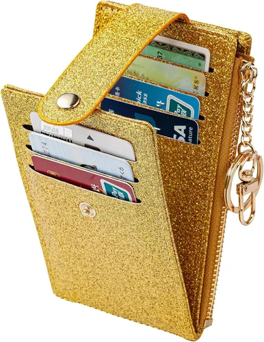Vista 2 de Cartera pequeña para mujer delgada plegable con cremallera tarjeteros monedero brillante Dorado Minimalista