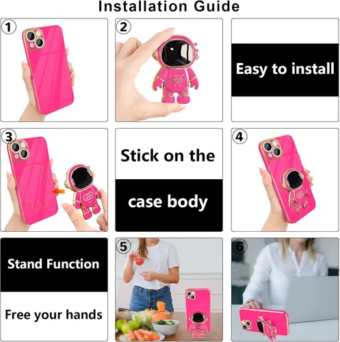 Vista 6 de Pepmune Funda compatible con iPhone 14 Plus, diseño de soporte de astronauta en 3D, protección de cámara, a prueba de golpes, suave funda para Rosa