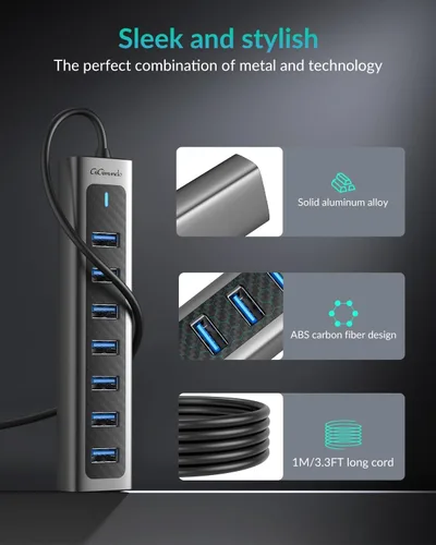 Vista 2 de GiGimundo Concentrador USB 3.0, concentrador extensor USB de 7 puertos con cable de 3.3 pies de largo, divisor USB, concentrador USB de alta