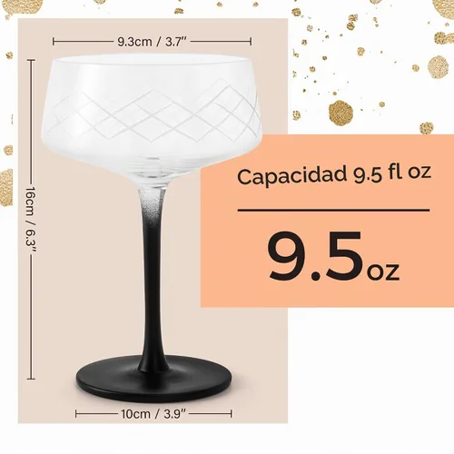 Vista 3 de MIAMIO Juego de 4 vasos Coupé de 9.5 onzas con cuchara de bar, vasos de cóctel de cristal soplado a mano con tallo negro, vasos de cóctel, vasos