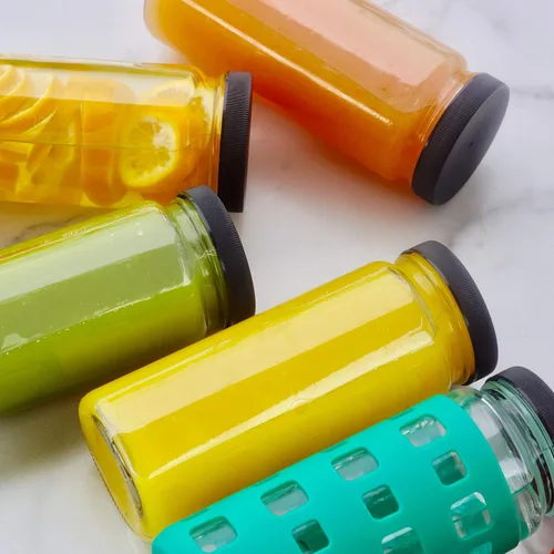Vista 9 de All About Juicing Juego de 6 botellas de agua de vidrio transparente, boca ancha con tapas para jugos, batidos y bebidas, 16 onzas, duraderas Tapas