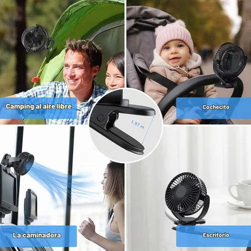 Vista 5 de ATEngeus Ventilador de escritorio recargable con clip USB, 3 velocidades, batería de 5000mAh, rotación de 720, abrazadera resistente para el hogar