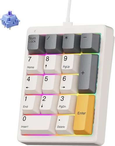 Vista 11 de Kisnt Teclado mecánico de números, Numpad intercambiable en caliente, con cable USB de 17 teclas, teclado numérico retroiluminado blanco con teclas