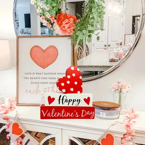 Vista 7 de Letrero de madera para el día de San Valentín, decoración de mesa de corazón para bandejas escalonadas, estante de café, barra de madera, decoración