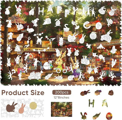Vista 2 de Mys Aurora Rompecabezas de Pascua para adultos, 200 piezas de Bunny Store, rompecabezas de madera de forma única, regalo educativo para niños