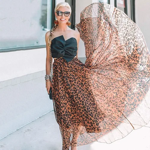 Vista 2 de L'VOW Falda larga elástica con estampado de leopardo para mujer, vestido plisado de cintura alta
