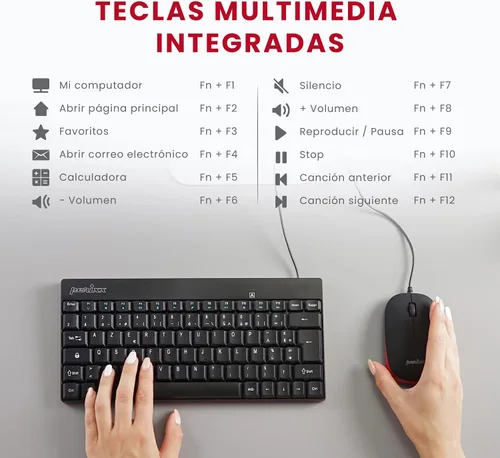 Vista 5 de Perixx PERIDUO-212 ES Teclado y ratón pequeños con Cable, 12 Teclas Multimedia, Negro, Configuración Española