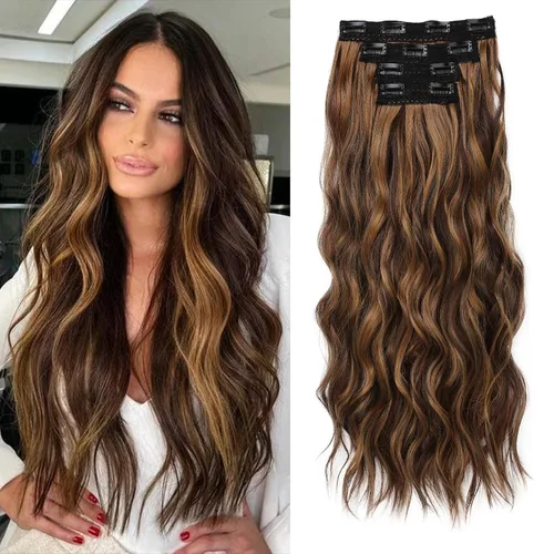 Vista 29 de REECHO Extensiones de cabello con pinza, 4 piezas de extensiones de cabello rubio de 24" de largo, ondas de playa gruesas, HE003, trama de encaje