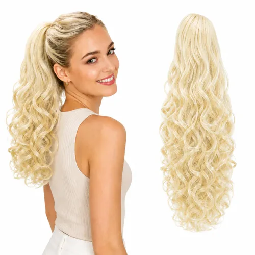 Vista 20 de CAISHA Extensiones de cola de caballo de 18 pulgadas, voluminosas, onduladas, marrón ceniza, mezcla de rubio claro PH35