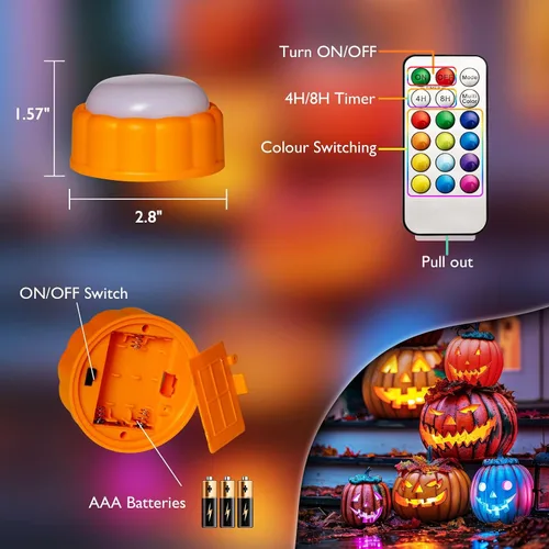Vista 4 de Homemory Luces LED brillantes de calabaza de Halloween, cambio de color con control remoto y temporizadores, luces Jack O'Lantern funcionan