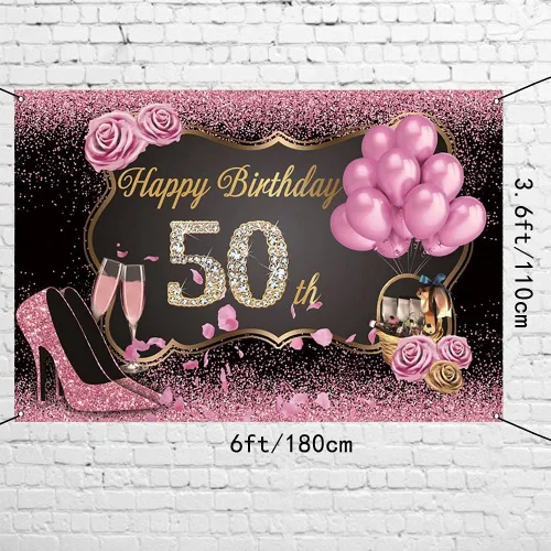 Vista 3 de AWERT Cartel de poliéster de 6 x 3.6 pies con texto en inglés «Happy 50th Birthday» para mujer, cartel de oro rosa para mujer, decoración de fiesta
