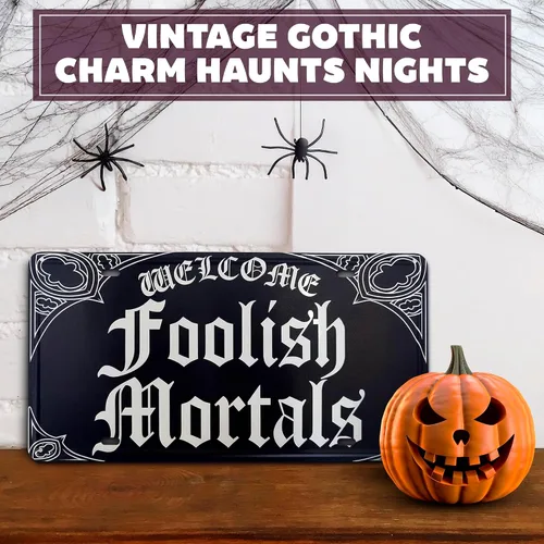 Vista 7 de Letrero de metal decorativo gótico de 11.81 x 5.91 pulgadas, decoración de pared gótica para Halloween y casas espeluznantes, ideal para uso