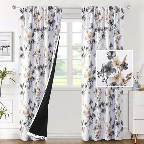 Vista 14 de H.VERSAILTEX cenefas de cortina 100% opacas para ventanas de cocina, juego de 2 paneles, estampado floral Cattleya Leah, cenefas térmicas aisladas